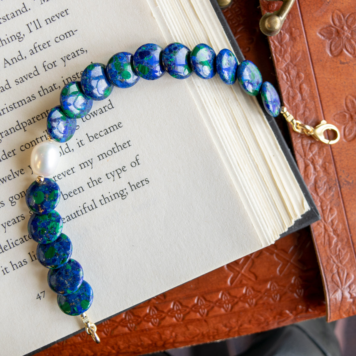 Azurite Coin Bracelet with Freshwater Pearl Bracelet