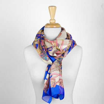 Blue and Pink Patterned Silk Scarf