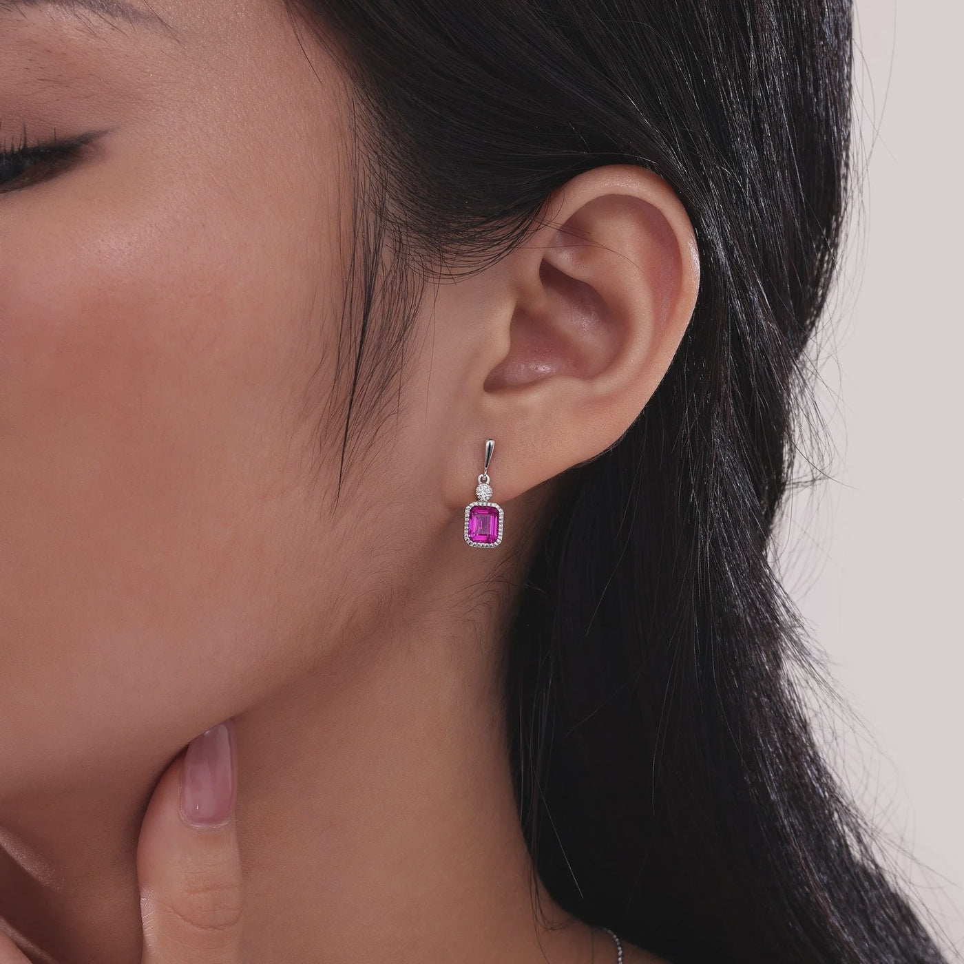 Lab-Grown Emerald-Cut Ruby & Simulated Diamond July Birthstone Earring