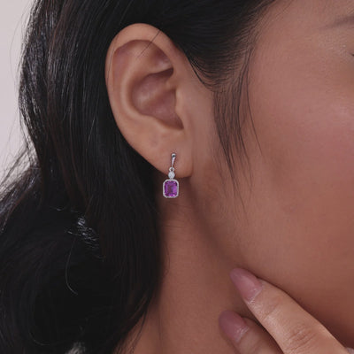 Simulated Emerald-Cut Pink Tourmaline & Diamond October Birthstone Earring