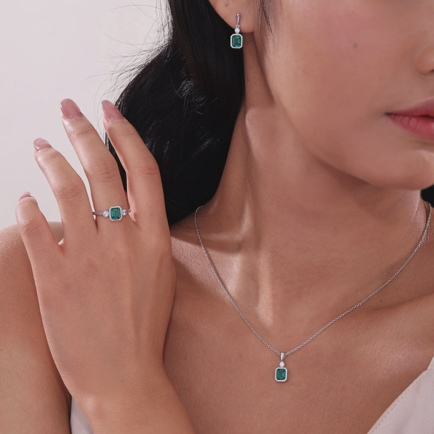 Simulated Emerald-Cut Emerald & Diamond May Birthstone Earring