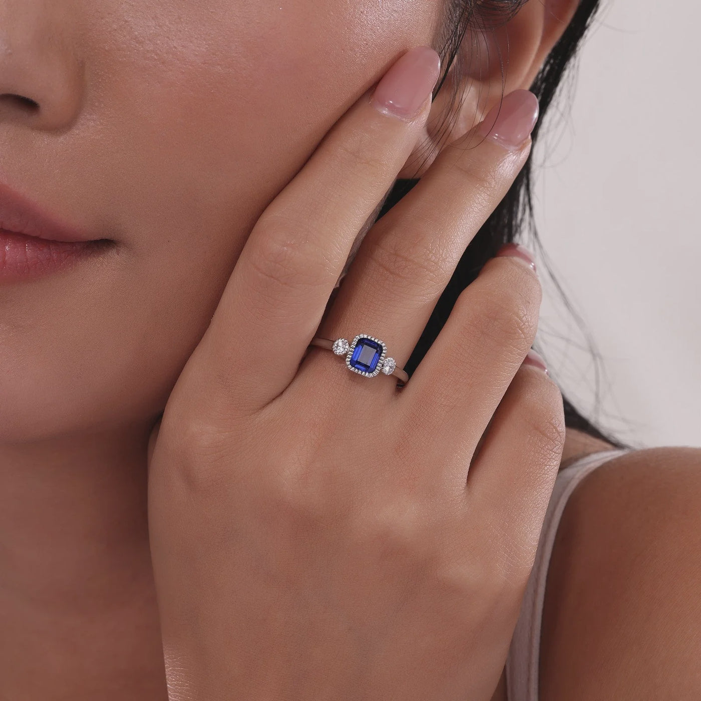 Lab-Grown Emerald-Cut Sapphire & Simulated Diamond September Birthstone Ring