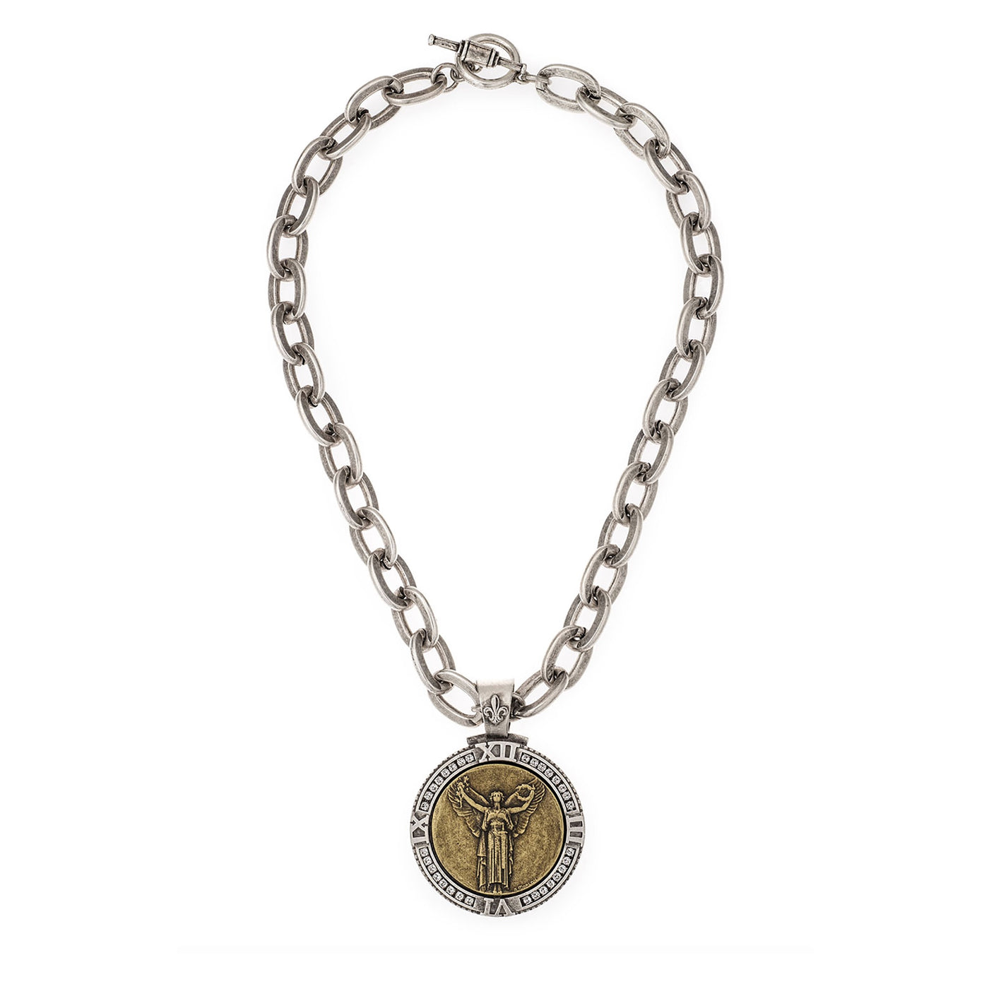 18" Silver Chain Necklace with Brass Medallion