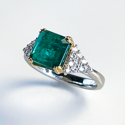2.59CT Square Cut Emerald & Diamond Platinum Ring