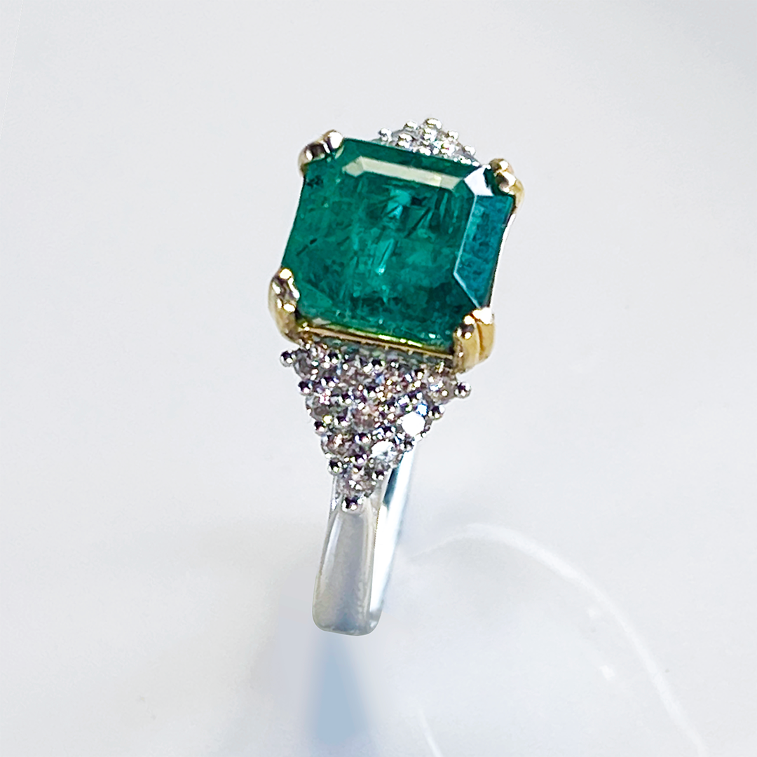 2.59CT Square Cut Emerald & Diamond Platinum Ring