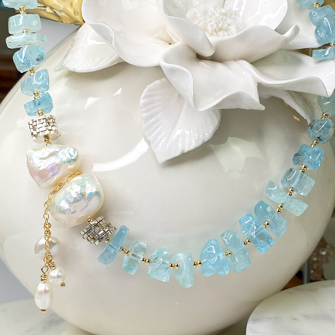 Tumbled Aquamarine & Freshwater Pearl Necklace – Elisa Ilana