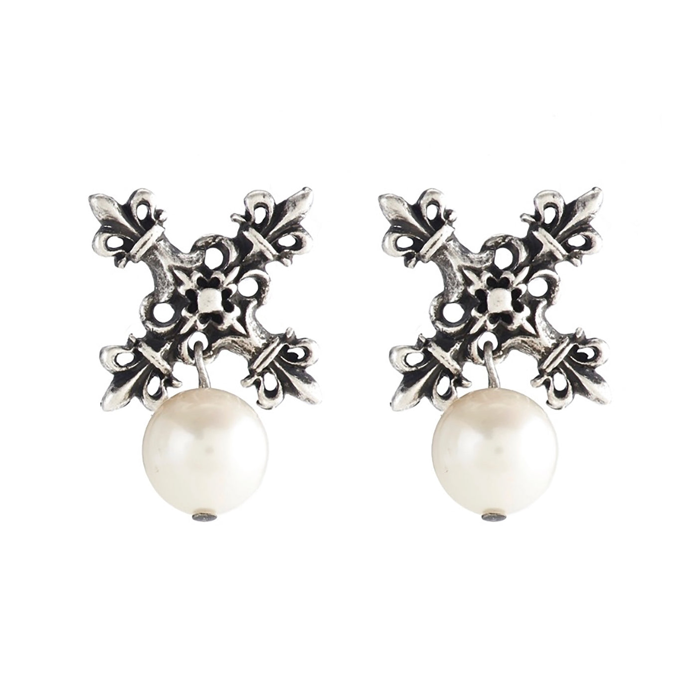 Silver "X" Earrings with Pearl Dangle