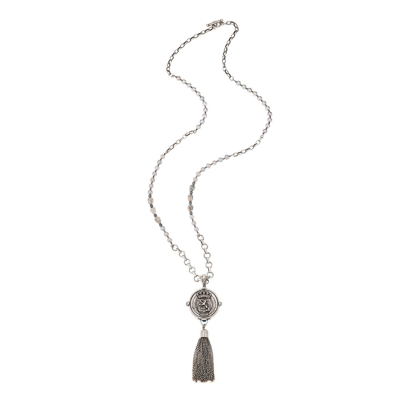 38" Silver Freshwater Pearl & Labradorite Necklace with Silver Medallion and Tassel