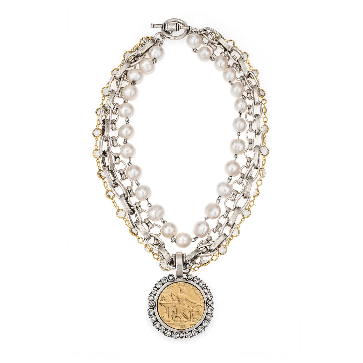 16" Four-Strand Pearl & Chain Necklace with 24k Comite Medallion