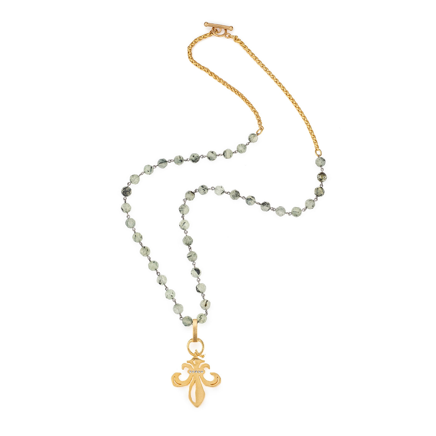32" Prehnite & 24k Gold Plated Chain Necklace with Grande Fleur Pendant