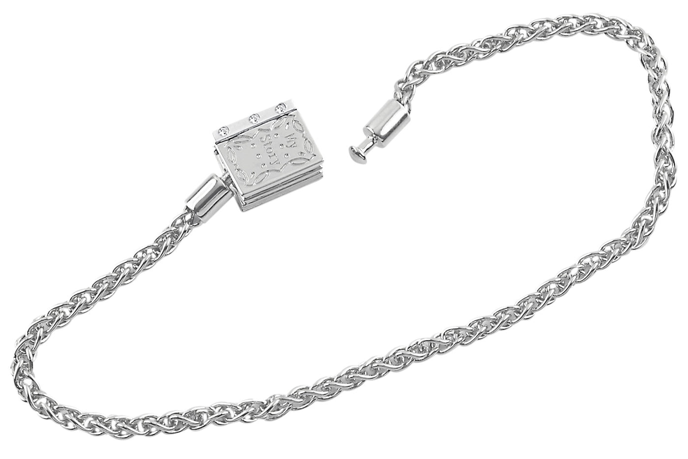 8 8" Bracelet WG - 14K White Gold W/O Stopper Beads and Storywheel Book Clasp with Diamonds