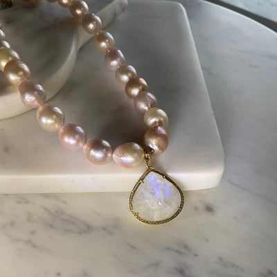 Freshwater Pearl Necklace with Rainbow Moonstone Teardrop Pendant