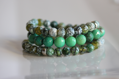 Stunning stack of vibrant green Agate Stretch Bracelets.