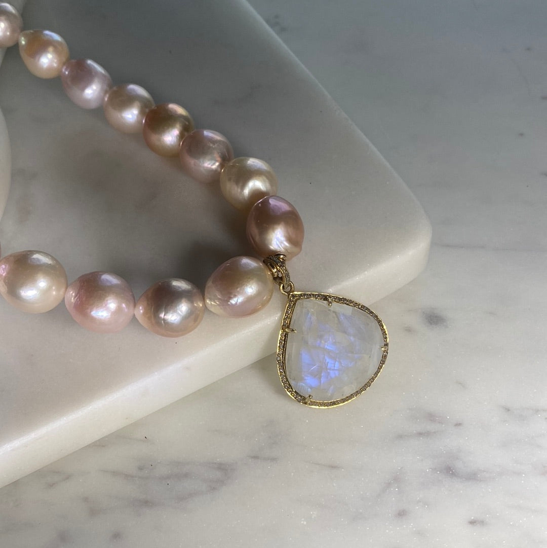 Freshwater Pearl Necklace with Rainbow Moonstone Teardrop Pendant