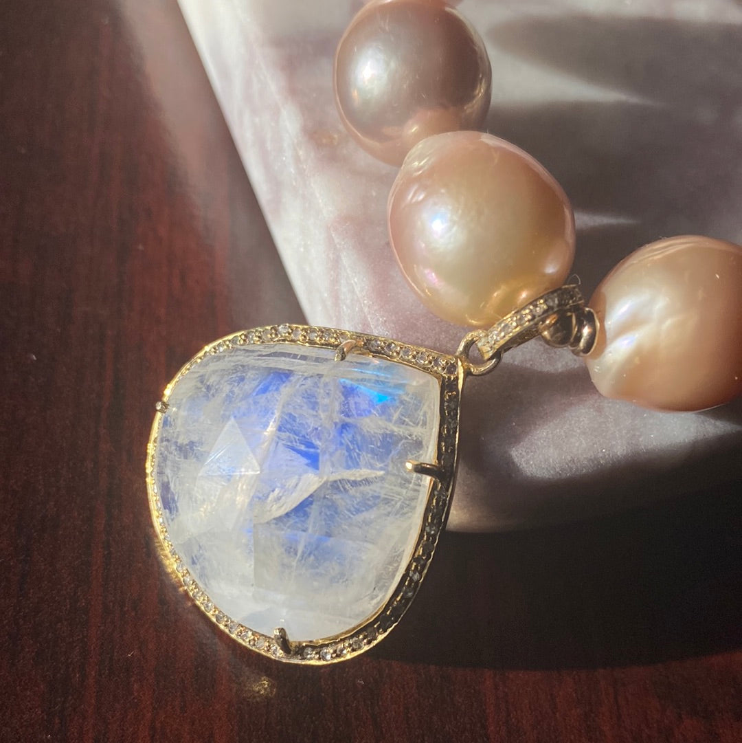 Freshwater Pearl Necklace with Rainbow Moonstone Teardrop Pendant