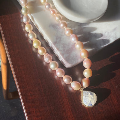 Freshwater Pearl Necklace with Rainbow Moonstone Teardrop Pendant