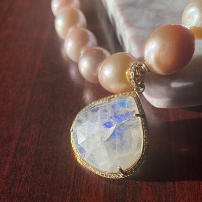 Freshwater Pearl Necklace with Rainbow Moonstone Teardrop Pendant