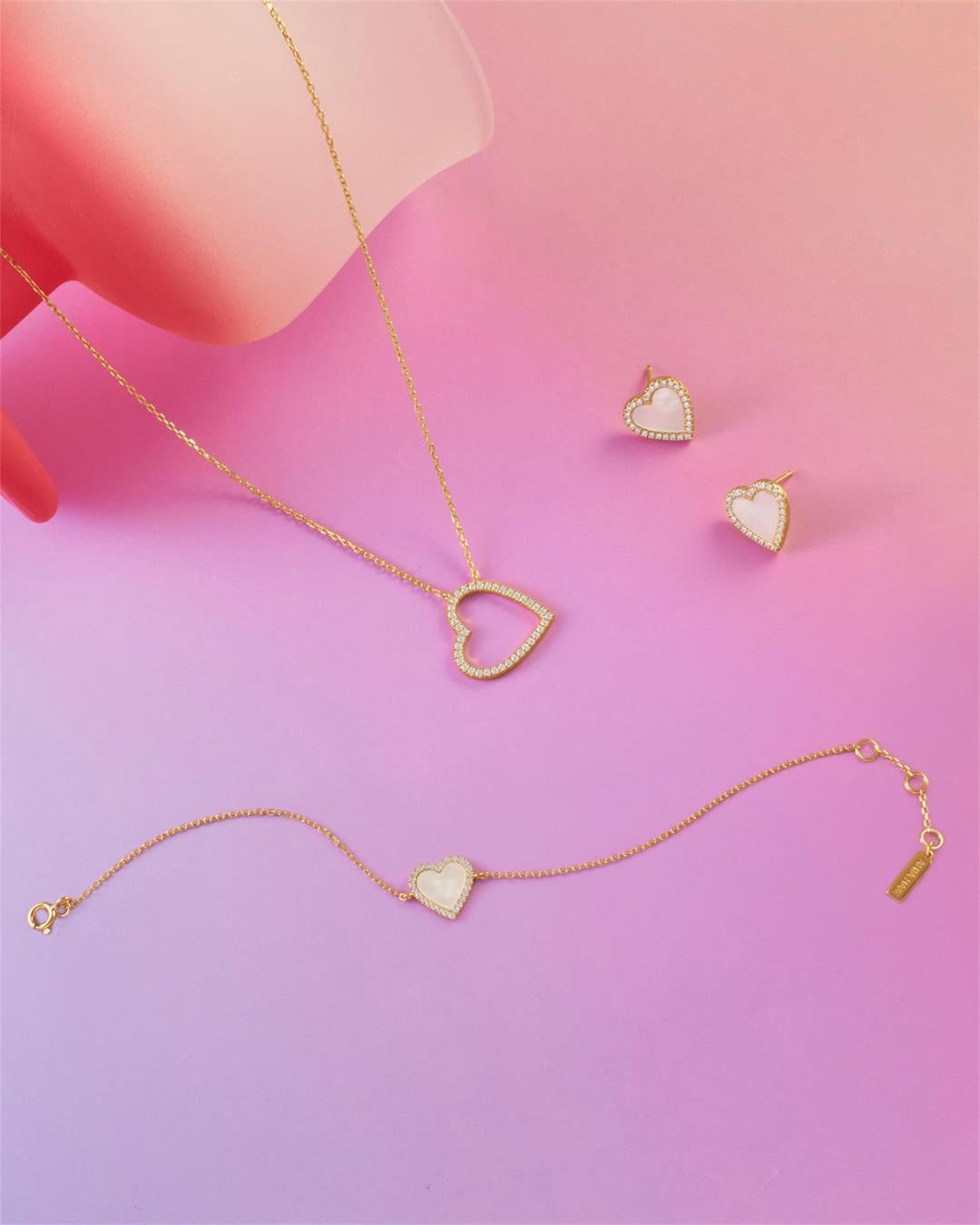 Glimmer Glow - Gold Mother of Pearl Halo Heart Stud Earrings