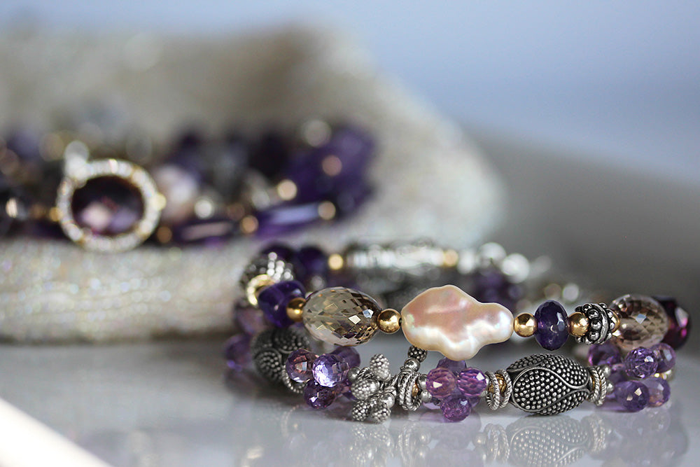 Amethyst, Champagne Citrine, &amp; Keshi Pearl Bracelet with Sterling Silver.