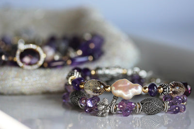 Amethyst, Champagne Citrine, &amp; Keshi Pearl Bracelet with Sterling Silver.