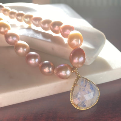 Freshwater Pearl Necklace with Rainbow Moonstone Teardrop Pendant