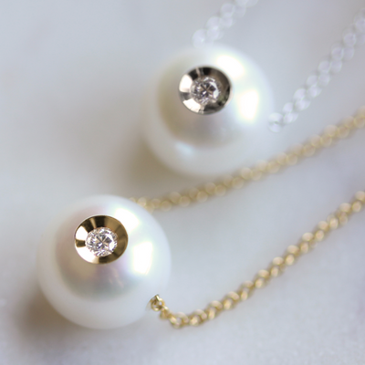 White Freshwater Pearl w/ Inset Diamond Pendant