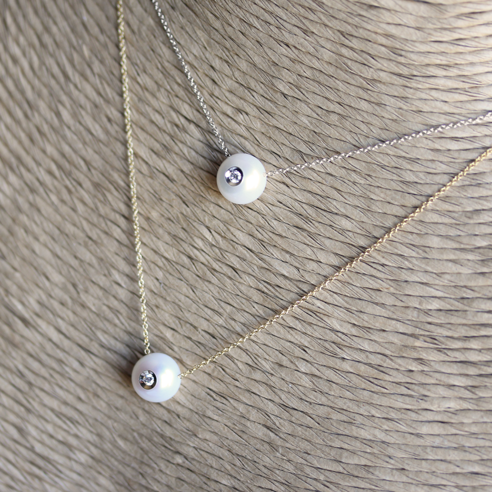 White Freshwater Pearl w/ Inset Diamond Pendant