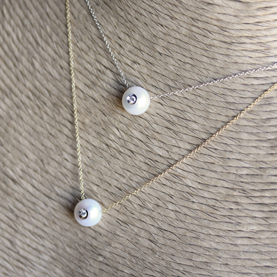 White Freshwater Pearl w/ Inset Diamond Pendant