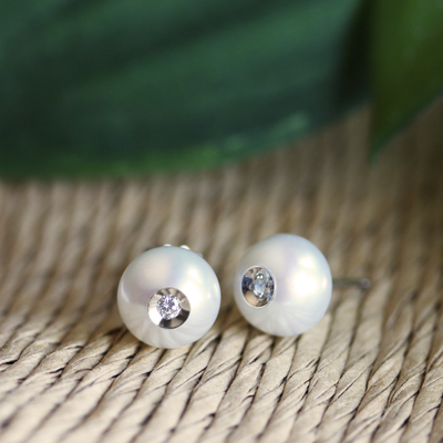 White Freshwater Pearl w/ Inset Diamond Earring Studs