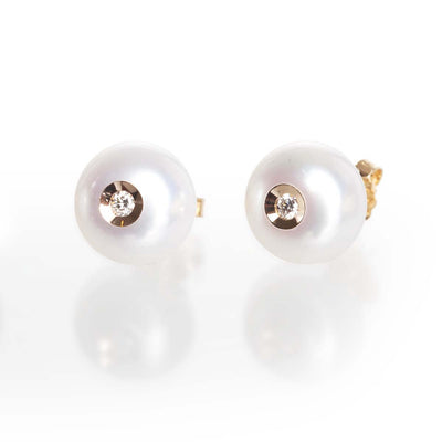 White Freshwater Pearl w/ Inset Diamond Earring Studs