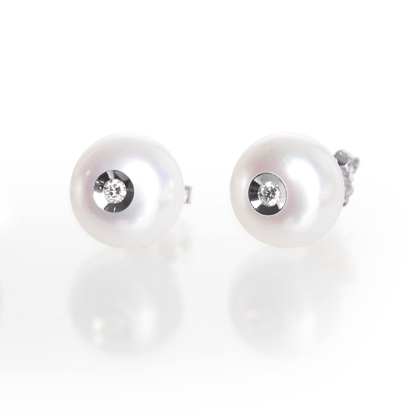 White Freshwater Pearl w/ Inset Diamond Earring Studs
