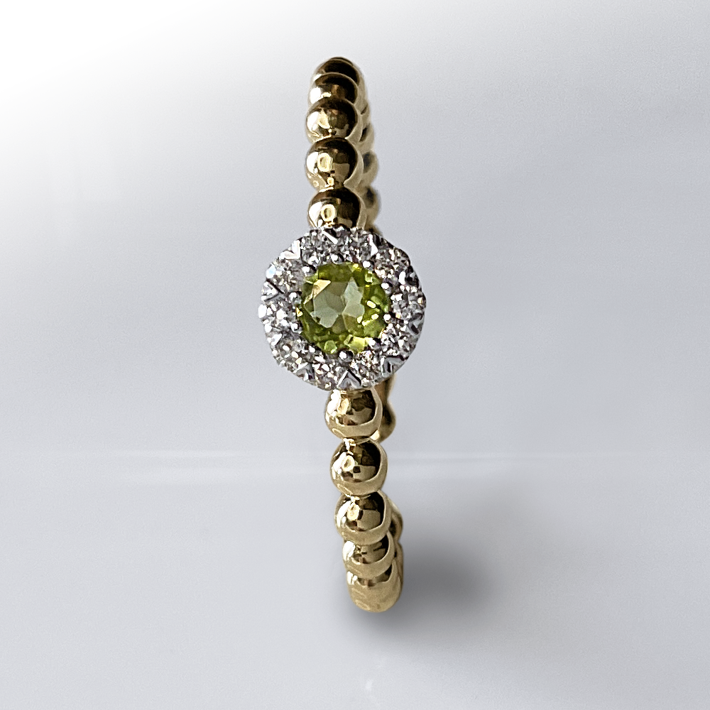 14kt Two Tone Beaded Band w/ 0.082 CT Round Dia, 0.153 CT Peridot Ring, Size 7.5
