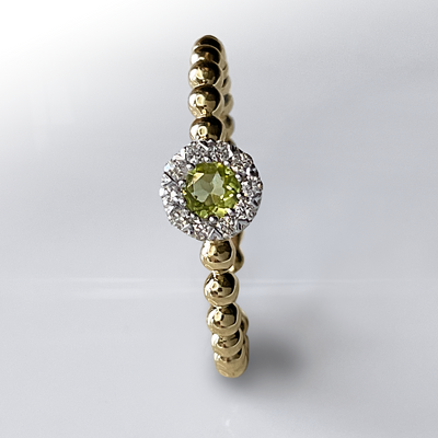 14kt Two Tone Beaded Band w/ 0.082 CT Round Dia, 0.153 CT Peridot Ring, Size 7.5