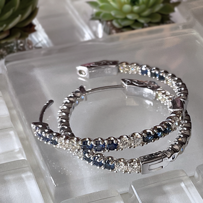 14k WG, 0.81 CT Dia, 1.31 CT Sapphire Hoop Earrings