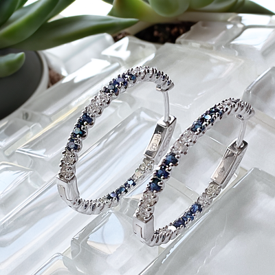 14k WG, 0.81 CT Dia, 1.31 CT Sapphire Hoop Earrings