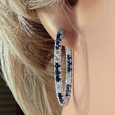 14k WG, 0.81 CT Dia, 1.31 CT Sapphire Hoop Earrings