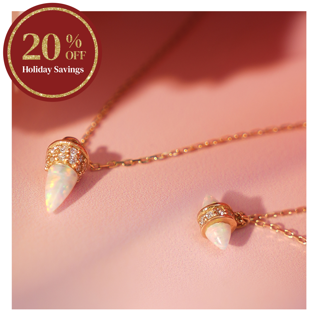 Aurelie Gi 14k gold jewelry featuring opal spike pendant necklace and matching earrings with pavé diamonds. 20% off Holiday Savings event. Chic and modern gift for the season.