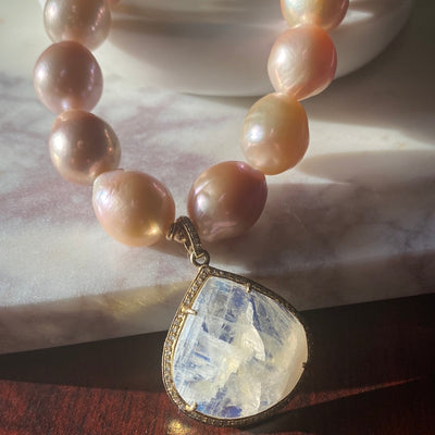 Freshwater Pearl Necklace with Rainbow Moonstone Teardrop Pendant