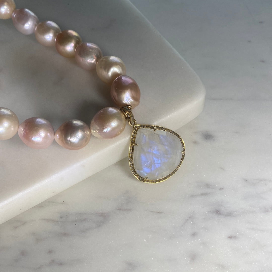 Freshwater Pearl Necklace with Rainbow Moonstone Teardrop Pendant