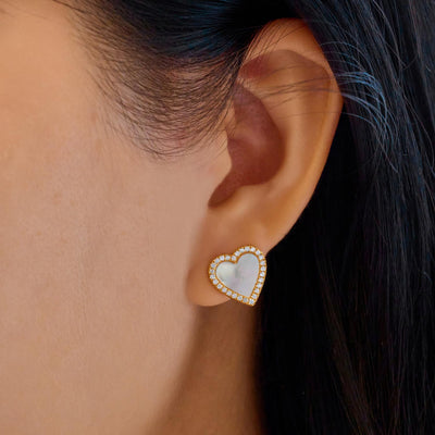 Glimmer Glow - Gold Mother of Pearl Halo Heart Stud Earrings