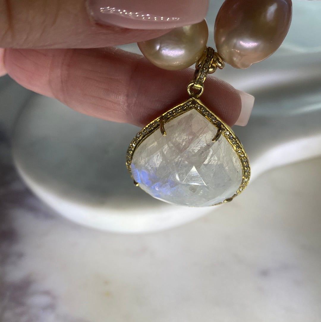 Freshwater Pearl Necklace with Rainbow Moonstone Teardrop Pendant