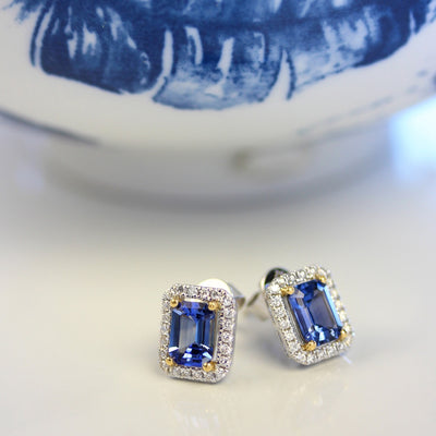 Platinum Emerald Cut Sapphire & Diamond Studs