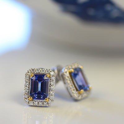 Platinum Emerald Cut Sapphire & Diamond Studs