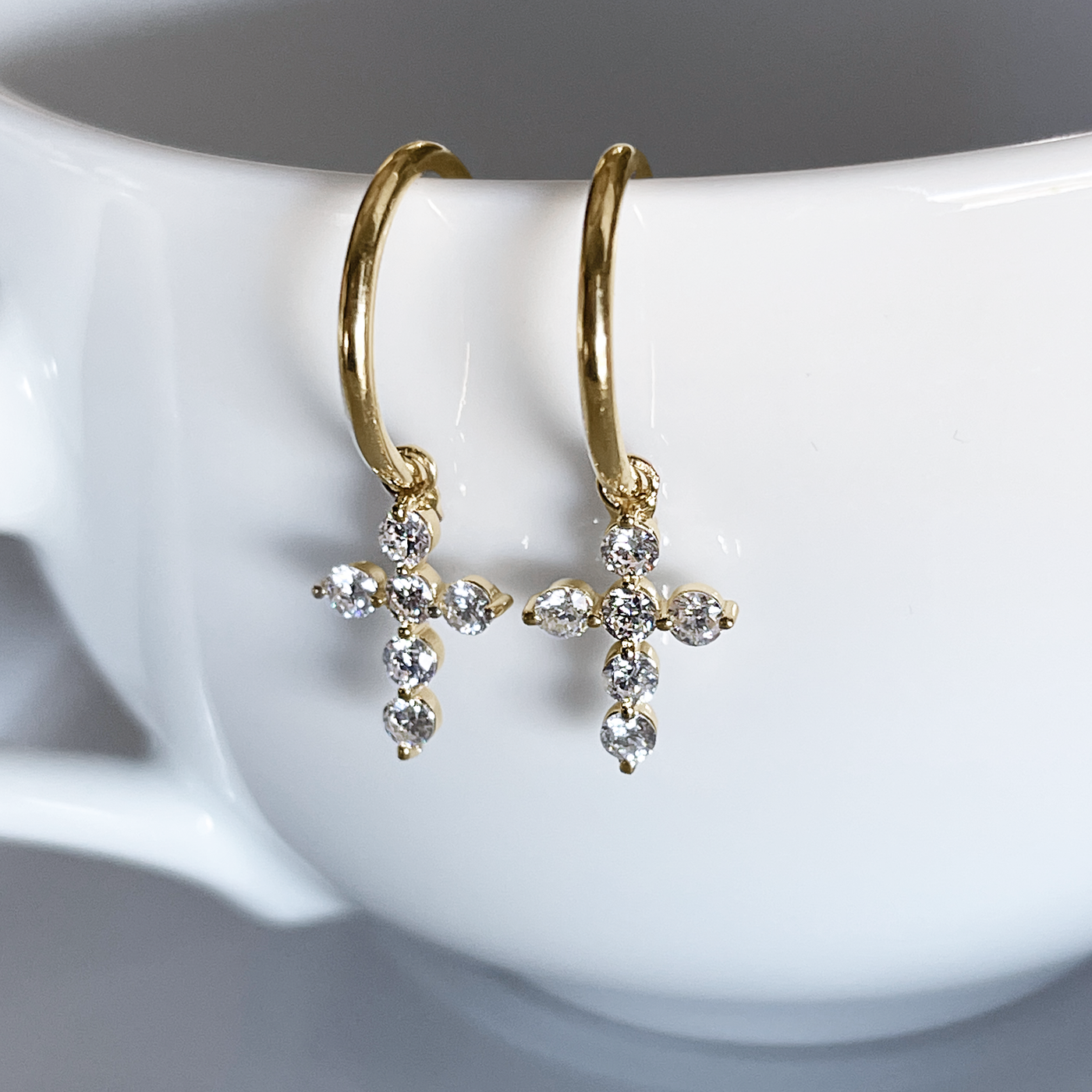 14k YG, 0.77 CT Diamond Cross Hoop Earrings