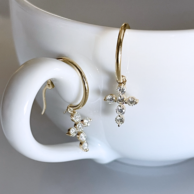 14k YG, 0.77 CT Diamond Cross Hoop Earrings