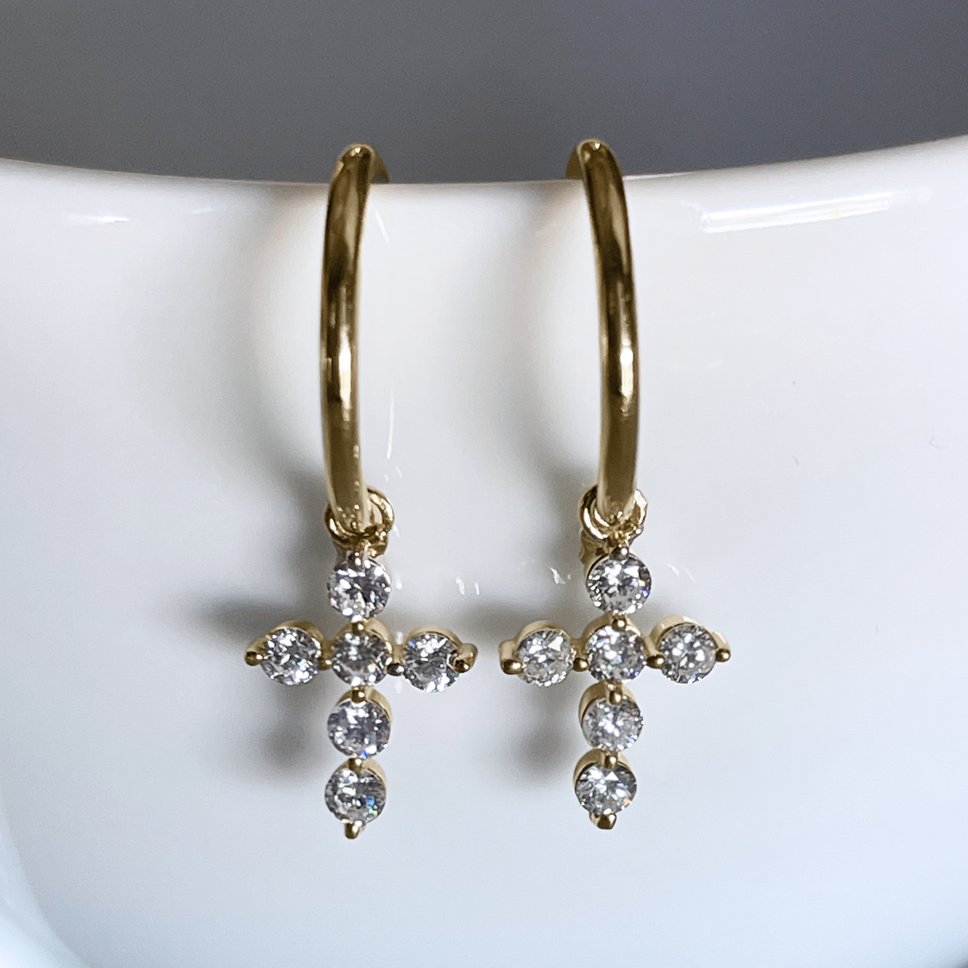 14k YG, 0.77 CT Diamond Cross Hoop Earrings
