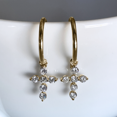 14k YG, 0.77 CT Diamond Cross Hoop Earrings