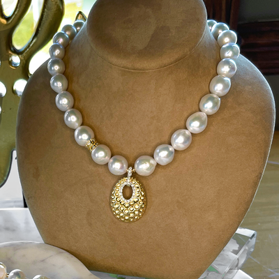 AAA Pearls and Hammered 14kt Gold and Diamond Pendant