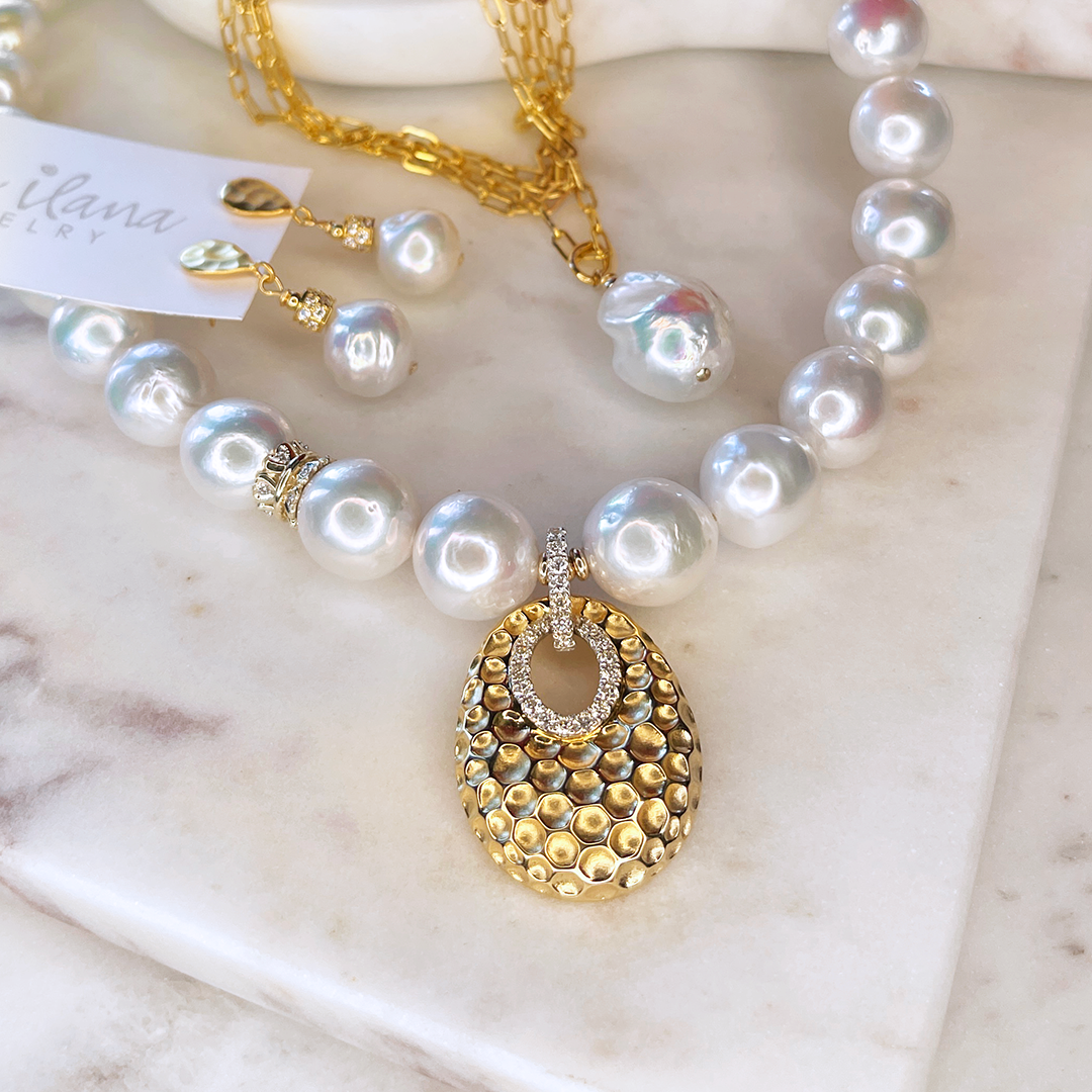 AAA Pearls and Hammered 14kt Gold and Diamond Pendant