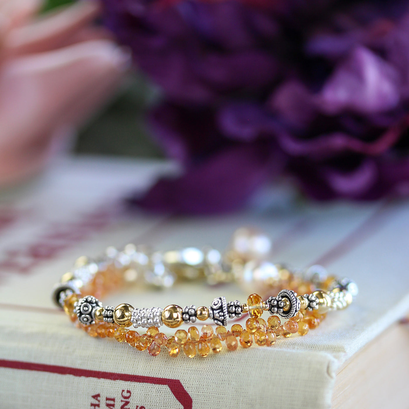 Elisa Ilana Citrine birthstone bracelet with faceted golden citrine beads, sterling silver and 14k gold accent details, handcrafted November jewelry designed to add warm yellow gemstone sparkle.